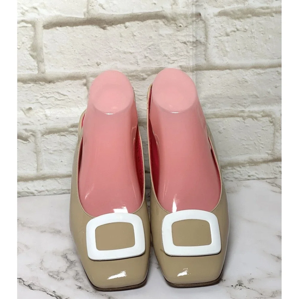 Ferca 81 Shoes Tan Beige Slingback Block Heel Tan White Size‎ (39) US 8-8.5